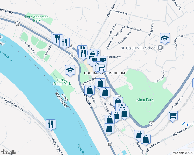map of restaurants, bars, coffee shops, grocery stores, and more near in Cincinnati