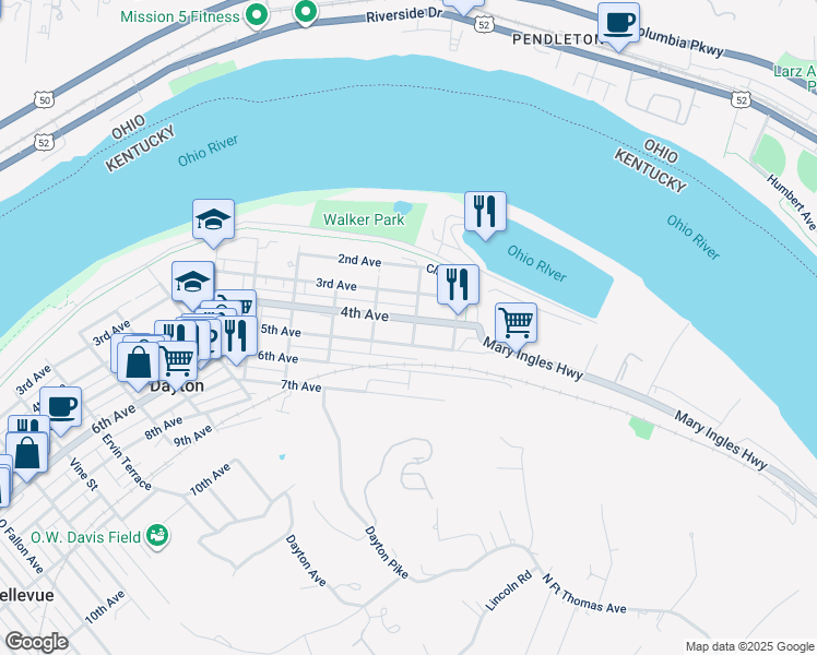 map of restaurants, bars, coffee shops, grocery stores, and more near in Dayton