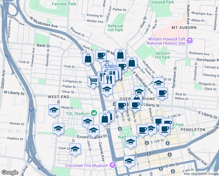 map of restaurants, bars, coffee shops, grocery stores, and more near 1622 Logan Street in Cincinnati