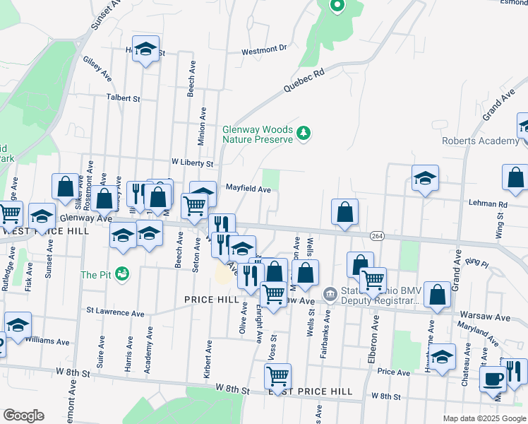 map of restaurants, bars, coffee shops, grocery stores, and more near 3628 Glenway Avenue in Cincinnati