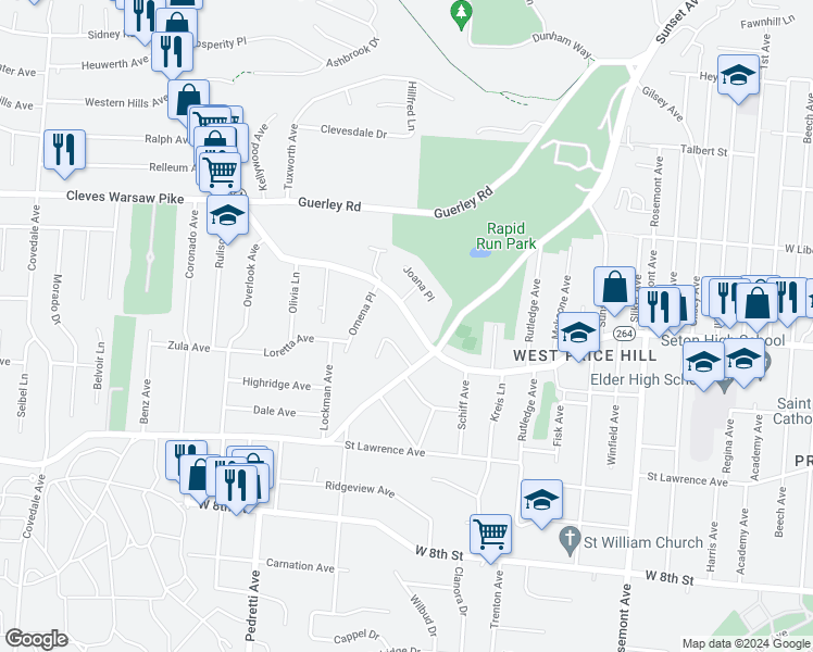 map of restaurants, bars, coffee shops, grocery stores, and more near 4660 Linda Drive in Cincinnati