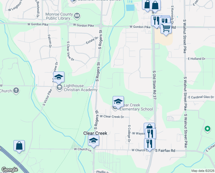 map of restaurants, bars, coffee shops, grocery stores, and more near 4831 South Rogers Street in Bloomington