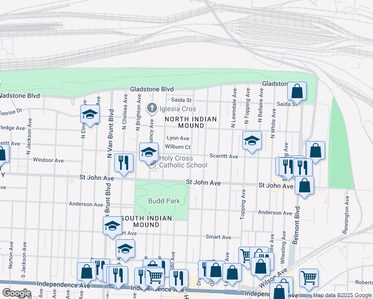 map of restaurants, bars, coffee shops, grocery stores, and more near 134 North Hardesty Avenue in Kansas City