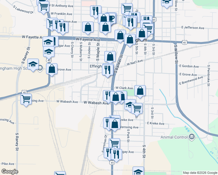 map of restaurants, bars, coffee shops, grocery stores, and more near 401 West Clark Avenue in Effingham