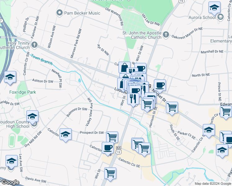 map of restaurants, bars, coffee shops, grocery stores, and more near 105 Chesterfield Place Southwest in Leesburg