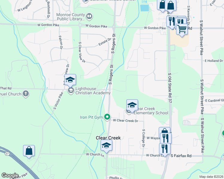 map of restaurants, bars, coffee shops, grocery stores, and more near 4831 South Rogers Street in Bloomington