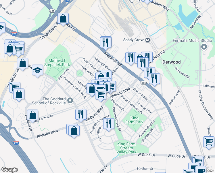 map of restaurants, bars, coffee shops, grocery stores, and more near 302 King Farm Boulevard in Rockville