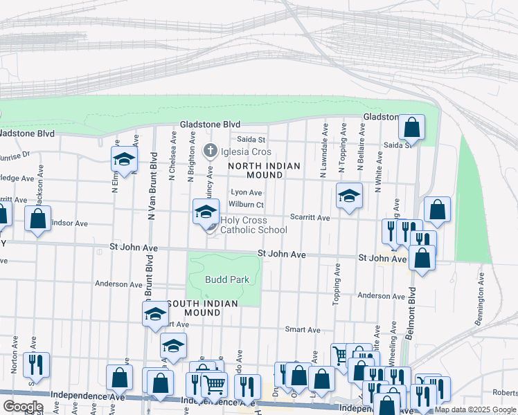 map of restaurants, bars, coffee shops, grocery stores, and more near 134 North Hardesty Avenue in Kansas City
