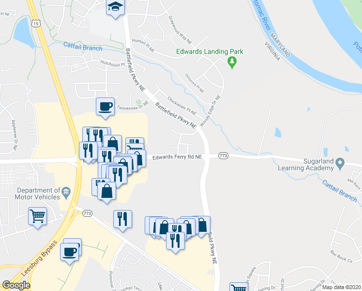 map of restaurants, bars, coffee shops, grocery stores, and more near 615 Howitzer Terrace Northeast in Leesburg