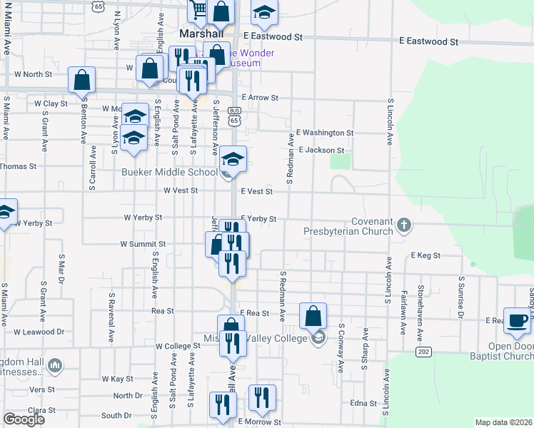 map of restaurants, bars, coffee shops, grocery stores, and more near 200-398 East Yerby Street in Marshall