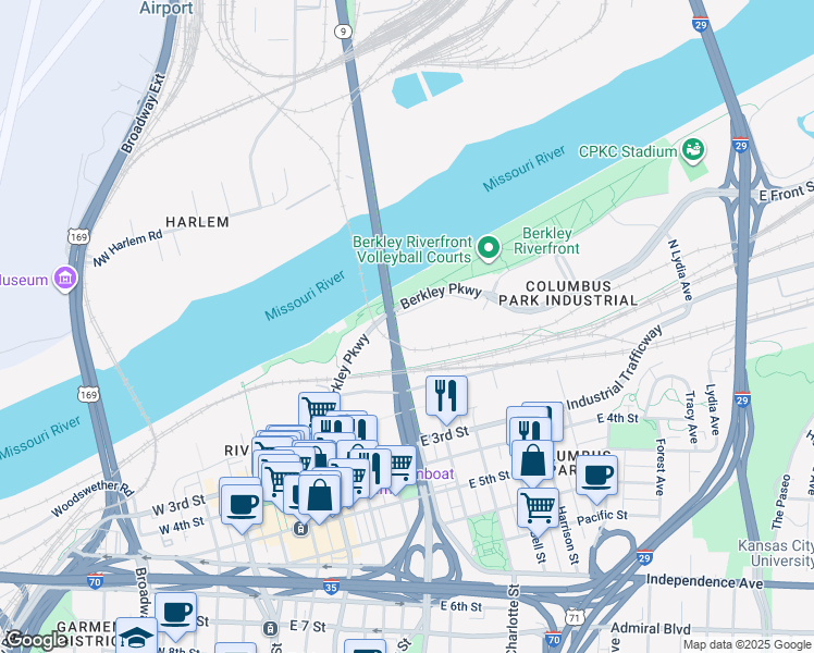 map of restaurants, bars, coffee shops, grocery stores, and more near 501 Berkley in Kansas City