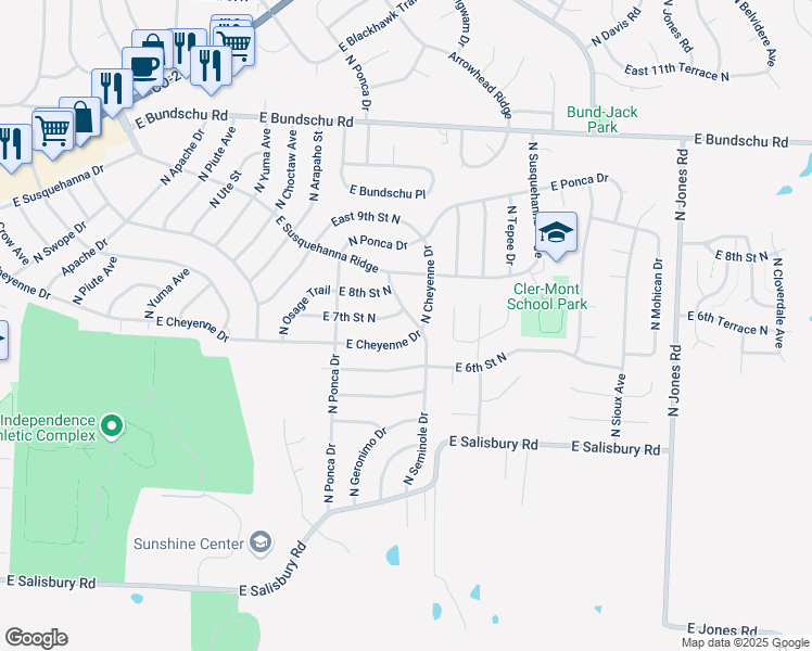 map of restaurants, bars, coffee shops, grocery stores, and more near 18605 East Cheyenne Drive in Independence