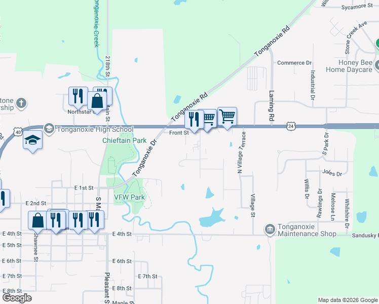 map of restaurants, bars, coffee shops, grocery stores, and more near 1202 Ridge Circle in Tonganoxie