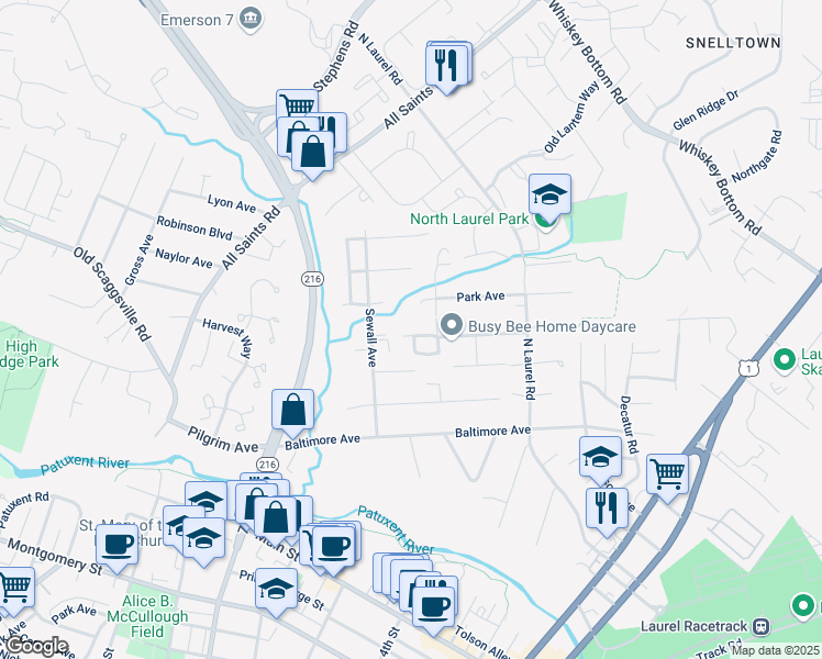 map of restaurants, bars, coffee shops, grocery stores, and more near 9654 Washington Avenue in Laurel