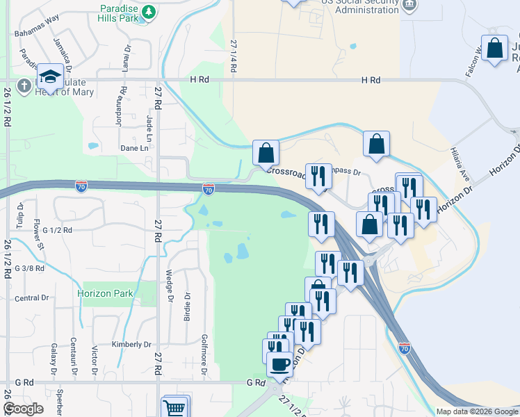 map of restaurants, bars, coffee shops, grocery stores, and more near 2743 Crossroads Boulevard in Grand Junction