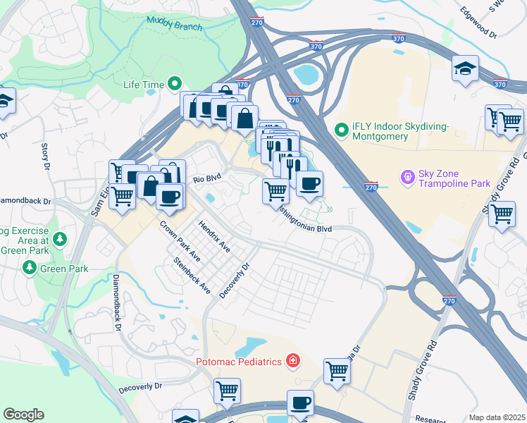 map of restaurants, bars, coffee shops, grocery stores, and more near 9701 Fields Road in Gaithersburg