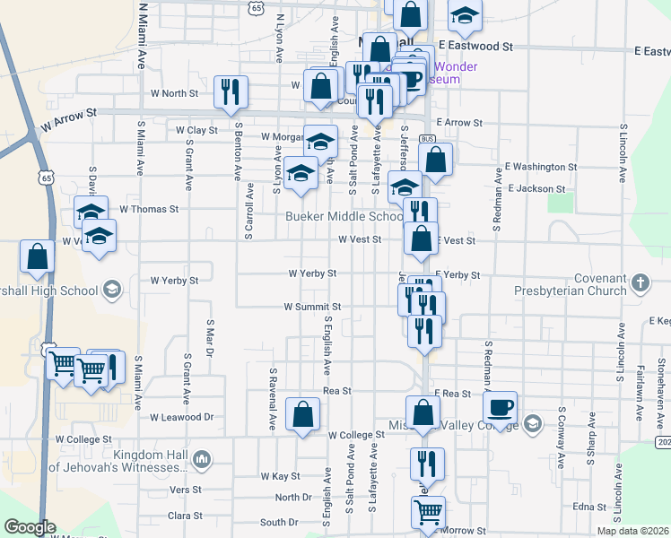 map of restaurants, bars, coffee shops, grocery stores, and more near 700-748 South English Avenue in Marshall