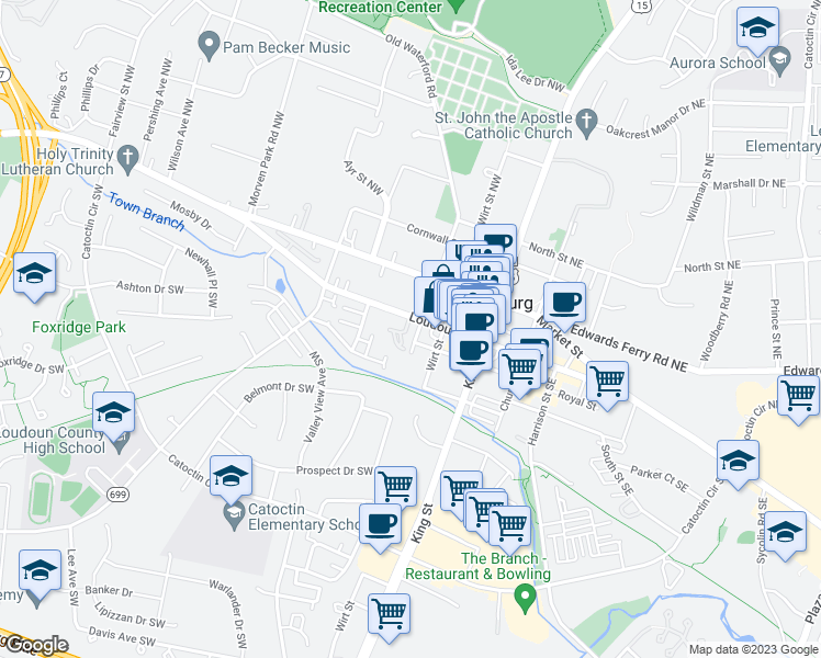 map of restaurants, bars, coffee shops, grocery stores, and more near 104 Chesterfield Place Southwest in Leesburg