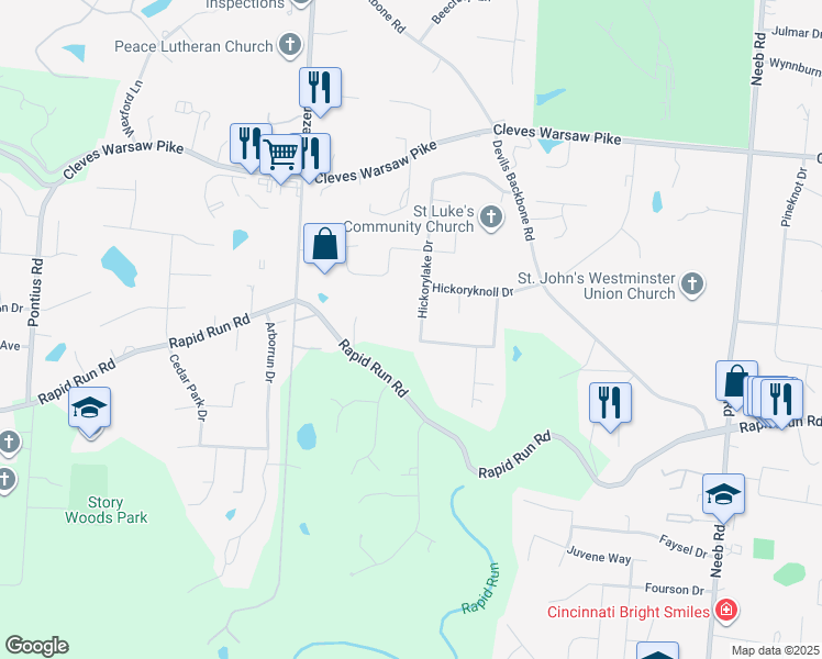 map of restaurants, bars, coffee shops, grocery stores, and more near 1165 Hickorylake Drive in Cincinnati