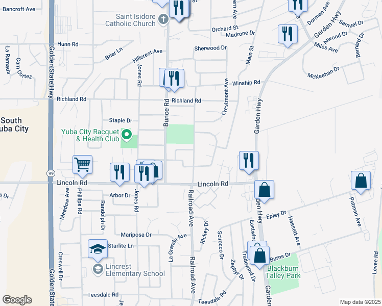 map of restaurants, bars, coffee shops, grocery stores, and more near 951 Railroad Avenue in Yuba City