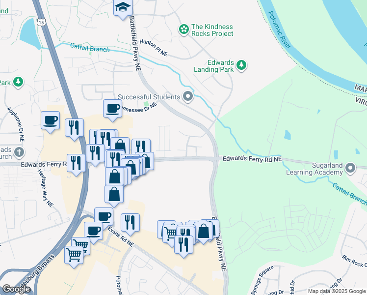 map of restaurants, bars, coffee shops, grocery stores, and more near 1504 Shields Terrace Northeast in Leesburg