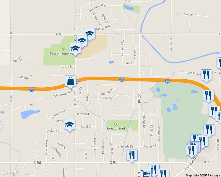 map of restaurants, bars, coffee shops, grocery stores, and more near 2678 Cambridge Drive in Grand Junction