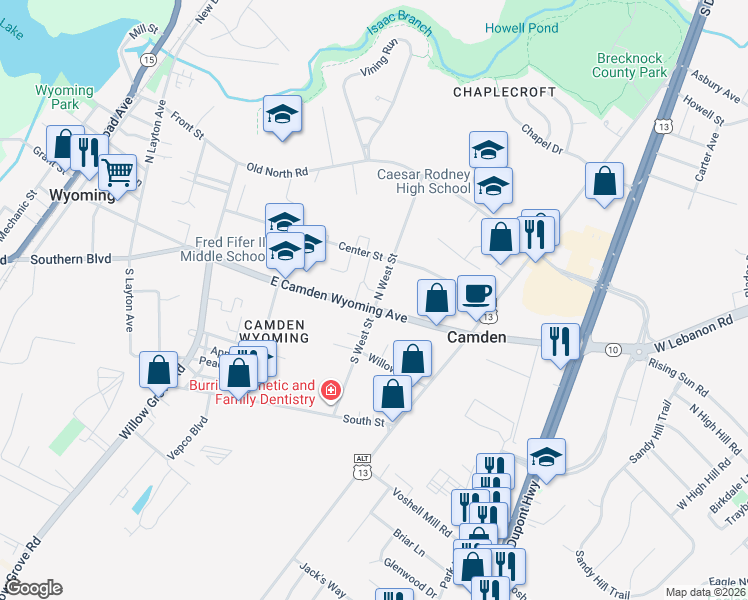 map of restaurants, bars, coffee shops, grocery stores, and more near 185 East Camden Wyoming Avenue in Camden