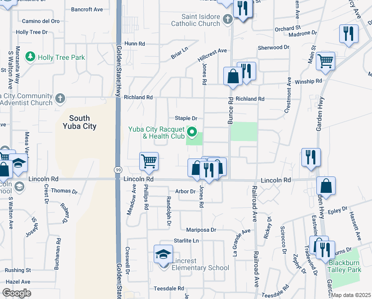 map of restaurants, bars, coffee shops, grocery stores, and more near 910 Dennis Way in Yuba City