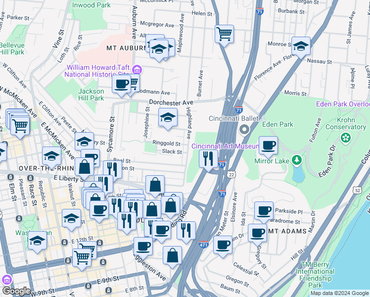 map of restaurants, bars, coffee shops, grocery stores, and more near 1713 Highland Avenue in Cincinnati