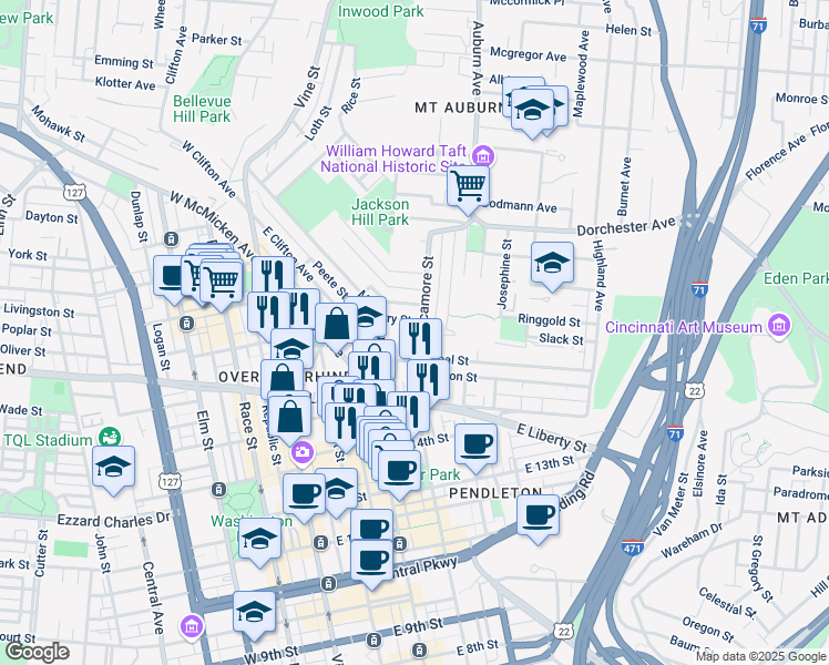 map of restaurants, bars, coffee shops, grocery stores, and more near 220 Schiller Street in Cincinnati