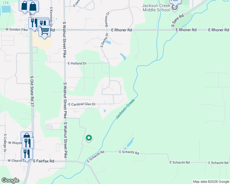 map of restaurants, bars, coffee shops, grocery stores, and more near 4572 South Sandpiper Drive in Bloomington