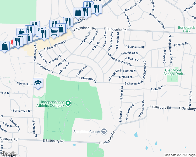 map of restaurants, bars, coffee shops, grocery stores, and more near 18107 East Cheyenne Drive in Independence