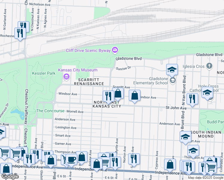 map of restaurants, bars, coffee shops, grocery stores, and more near 123 North Mersington Avenue in Kansas City