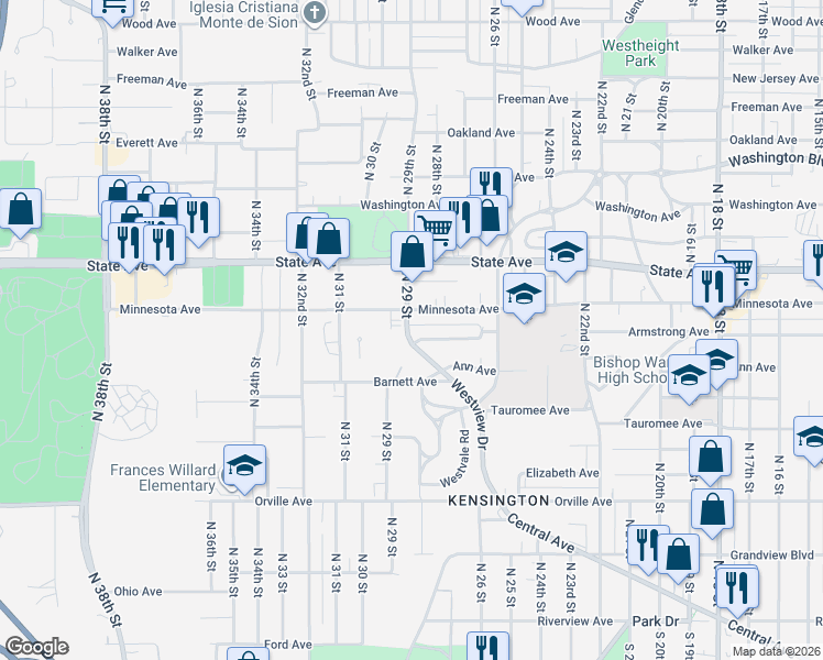 map of restaurants, bars, coffee shops, grocery stores, and more near 708 North 29 Street in Kansas City