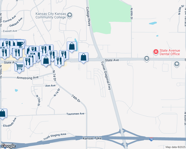 map of restaurants, bars, coffee shops, grocery stores, and more near 824 North 71 Street in Kansas City