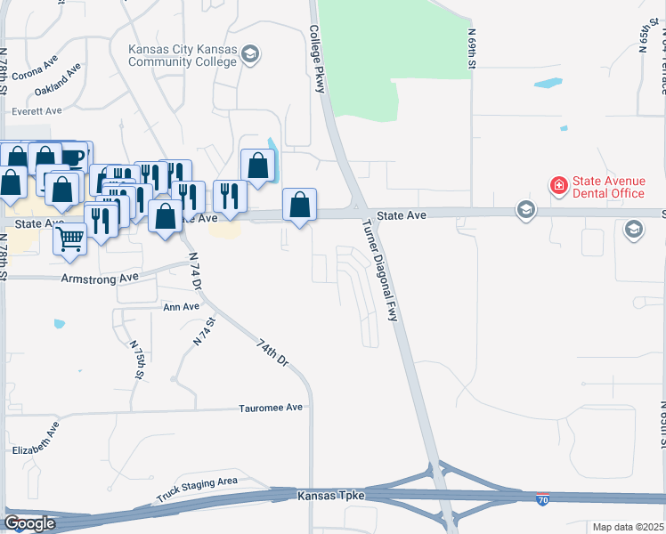map of restaurants, bars, coffee shops, grocery stores, and more near 824 North 71 Street in Kansas City