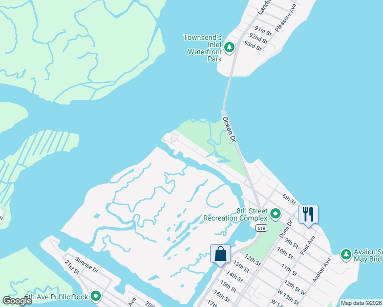 map of restaurants, bars, coffee shops, grocery stores, and more near 606 7th Street in Avalon