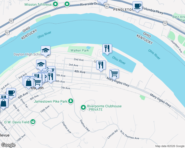 map of restaurants, bars, coffee shops, grocery stores, and more near in Dayton