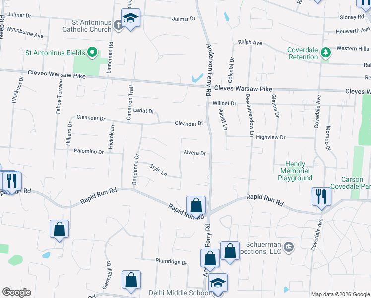 map of restaurants, bars, coffee shops, grocery stores, and more near 1073 Tony Court in Cincinnati