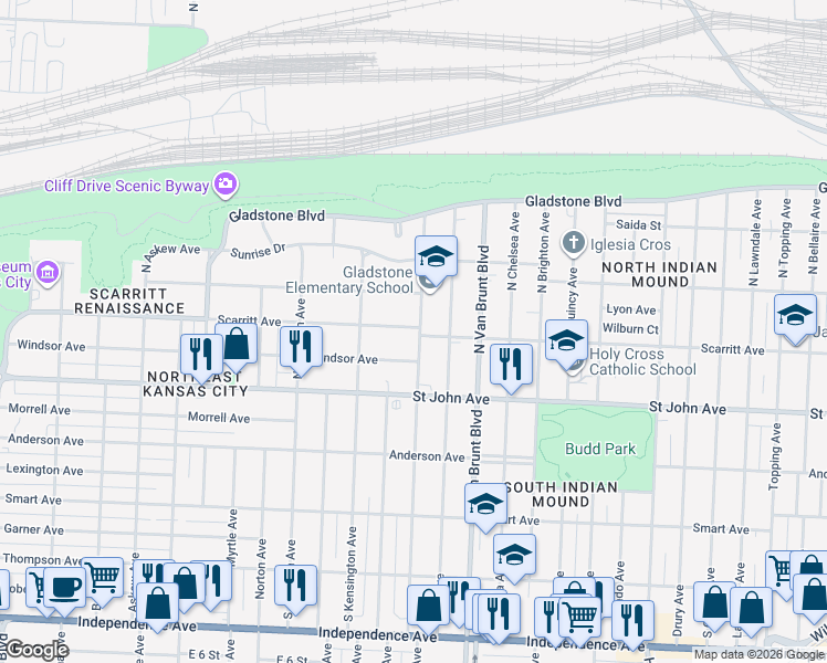 map of restaurants, bars, coffee shops, grocery stores, and more near 4440 Windsor Avenue in Kansas City