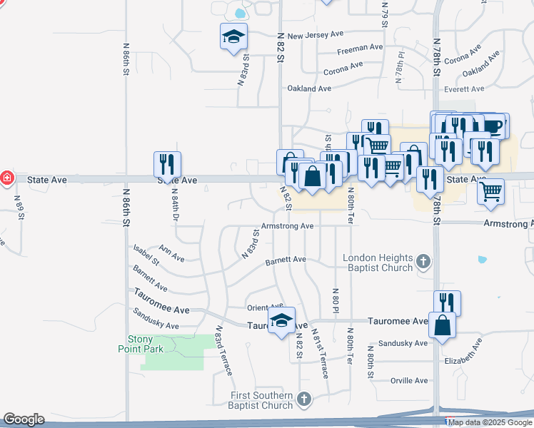 map of restaurants, bars, coffee shops, grocery stores, and more near 918 North 82nd Terrace in Kansas City