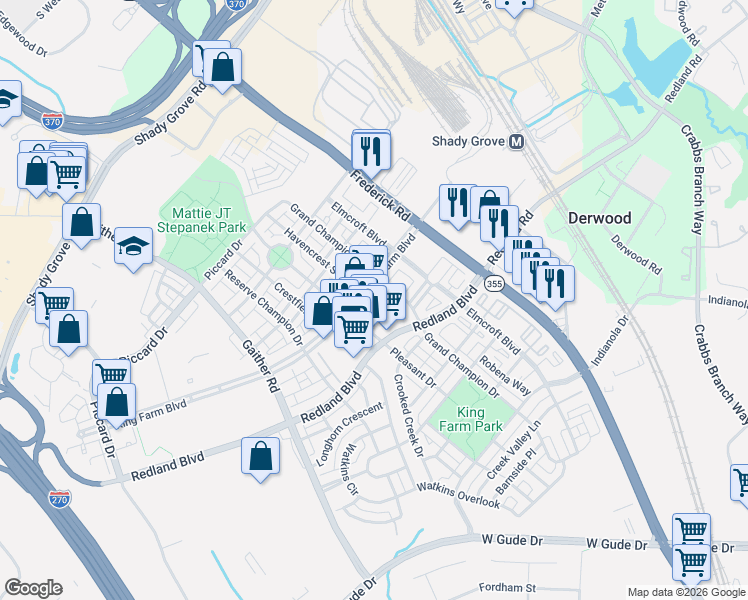 map of restaurants, bars, coffee shops, grocery stores, and more near 302 King Farm Boulevard in Rockville