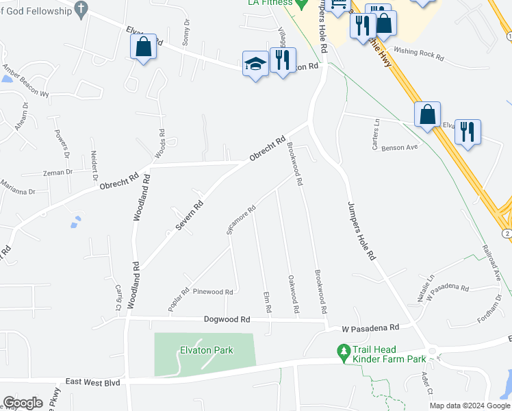 map of restaurants, bars, coffee shops, grocery stores, and more near 8317 Sycamore Road in Millersville