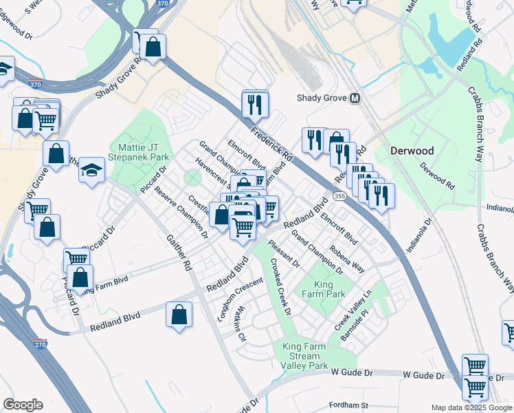 map of restaurants, bars, coffee shops, grocery stores, and more near 302 King Farm Boulevard in Rockville