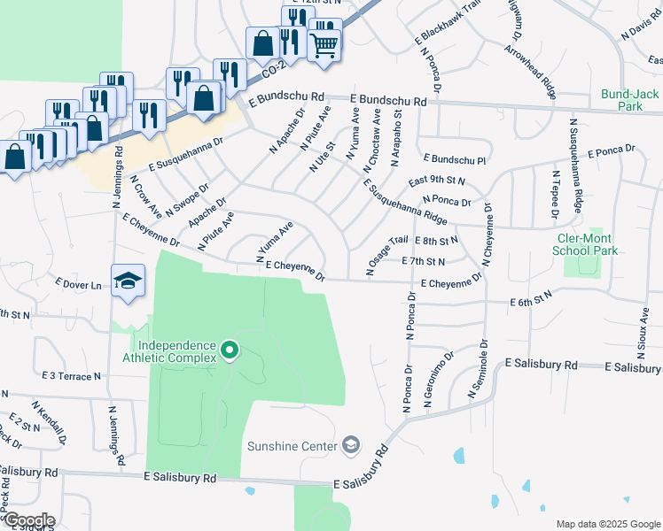map of restaurants, bars, coffee shops, grocery stores, and more near 18107 East Cheyenne Drive in Independence