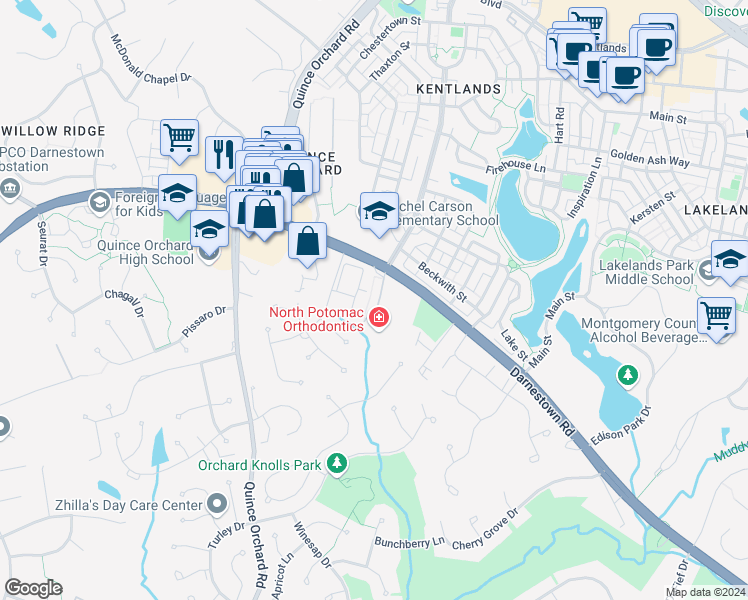map of restaurants, bars, coffee shops, grocery stores, and more near 11928 Darnestown Road in North Potomac