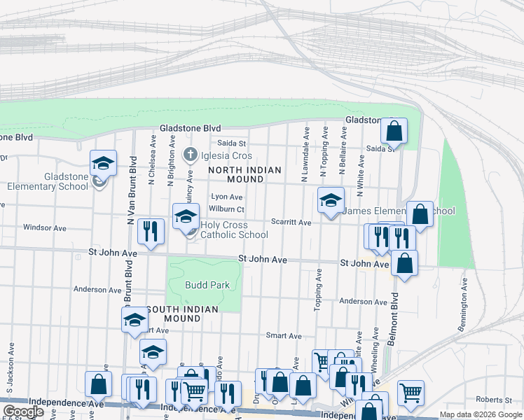 map of restaurants, bars, coffee shops, grocery stores, and more near 5417 Scarritt Avenue in Kansas City