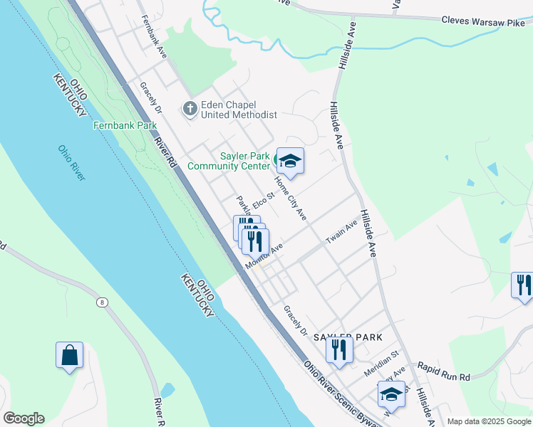 map of restaurants, bars, coffee shops, grocery stores, and more near 160 Elco Street in Cincinnati