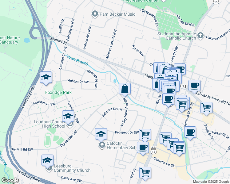 map of restaurants, bars, coffee shops, grocery stores, and more near 305 Rock Spring Drive Southwest in Leesburg