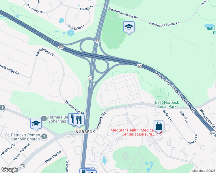 map of restaurants, bars, coffee shops, grocery stores, and more near 15715 Murphys Tin Street in Silver Spring